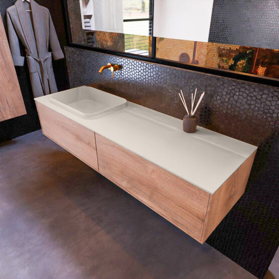 MONDIAZ ERIN 150cm mueble de baño color Washed Oak 2 cajones. Lavabo RIDGE Izquierda sin orificio color Linen.