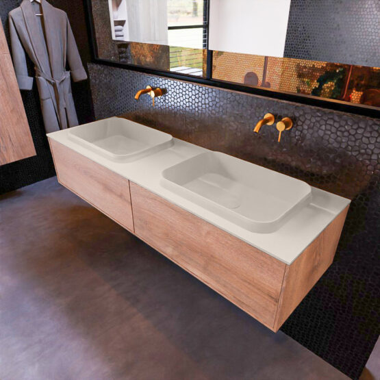 MONDIAZ ERIN 150cm mueble de baño color Washed Oak 2 cajones. Lavabo RIDGE Doble sin orificio color Linen.