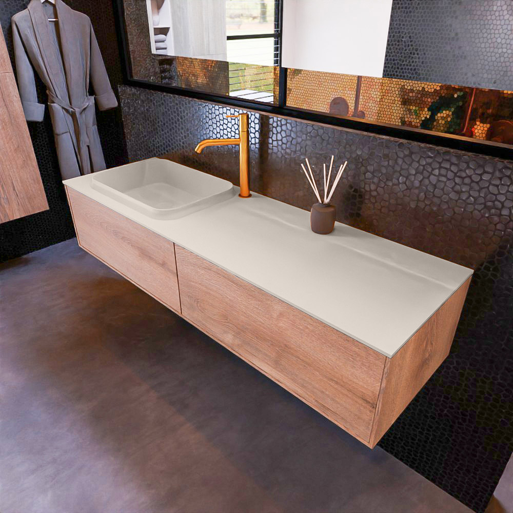 MONDIAZ ERIN 150cm mueble de baño color Washed Oak 2 cajones. Lavabo RIDGE Izquierda 1 orificio color Linen. 1 MONDIAZ ERIN 150cm mueble de baño color Washed Oak 2 cajones. Lavabo RIDGE Izquierda 1 orificio color Linen.