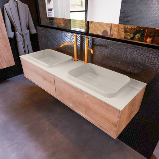 MONDIAZ ERIN 150cm mueble de baño color Washed Oak 2 cajones. Lavabo RIDGE Doble 2 orificios color Linen.