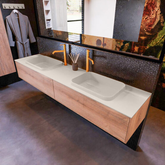 MONDIAZ ERIN 200cm mueble de baño color Washed Oak 2 cajones. Lavabo RIDGE Doble 2 orificios color Linen.