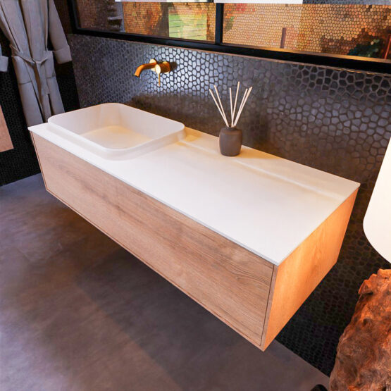 MONDIAZ ERIN 120cm mueble de baño color Washed Oak 1 cajón. Lavabo RIDGE Izquierda sin orificio color Talc.