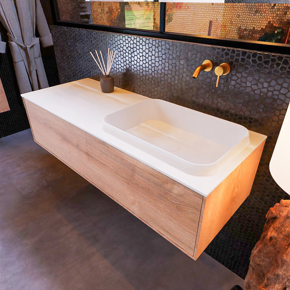 MONDIAZ ERIN 120cm mueble de baño color Washed Oak 1 cajón. Lavabo RIDGE Derecho sin orificio color Talc. 1 MONDIAZ ERIN 120cm mueble de baño color Washed Oak 1 cajón. Lavabo RIDGE Derecho sin orificio color Talc.