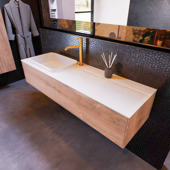 MONDIAZ ERIN 150cm mueble de baño color Washed Oak 1 cajón. Lavabo RIDGE Izquierda 1 orificio color Talc.