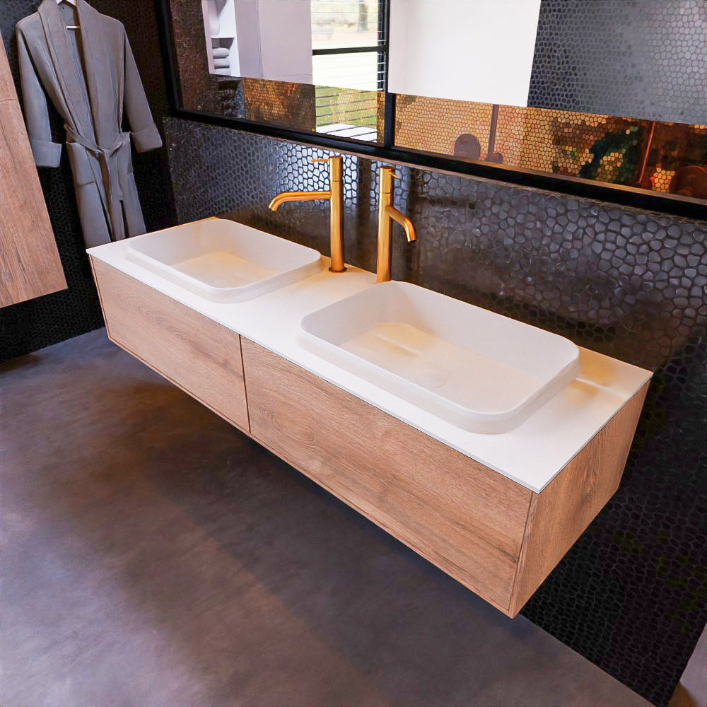 MONDIAZ ERIN 150cm mueble de baño color Washed Oak 2 cajones. Lavabo RIDGE Doble 2 orificios color Talc. 1 MONDIAZ ERIN 150cm mueble de baño color Washed Oak 2 cajones. Lavabo RIDGE Doble 2 orificios color Talc.