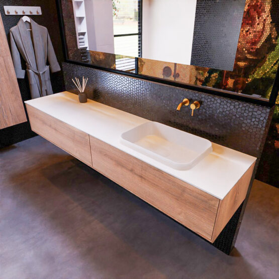 MONDIAZ ERIN 200cm mueble de baño color Washed Oak 2 cajones. Lavabo RIDGE Derecho sin orificio color Talc.