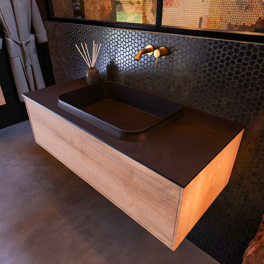 MONDIAZ ERIN 100cm mueble de baño color Washed Oak 1 cajón. Lavabo RIDGE Centro sin orificio color Urban. 1 MONDIAZ ERIN 100cm mueble de baño color Washed Oak 1 cajón. Lavabo RIDGE Centro sin orificio color Urban.