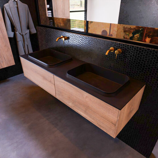 MONDIAZ ERIN 150cm mueble de baño color Washed Oak 2 cajones. Lavabo RIDGE Doble sin orificio color Urban.