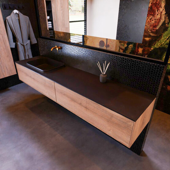 MONDIAZ ERIN 200cm mueble de baño color Washed Oak 2 cajones. Lavabo RIDGE Izquierda sin orificio color Urban.