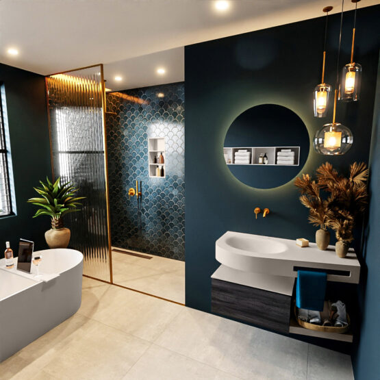 MONDIAZ RIVA 100cm mueble de baño / estante color Antracite con 1 cajón. Lavabo DULCET Izquierda sin orificio