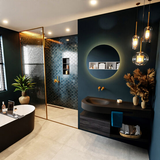 MONDIAZ RIVA 120cm mueble de baño / estante color Antracite con 1 cajón. Lavabo DULCET Izquierda sin orificio