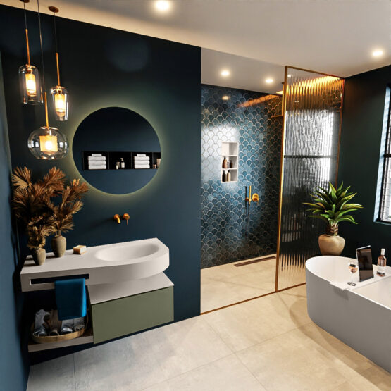 MONDIAZ RIVA 100cm mueble de baño / estante color Army con 1 cajón. Lavabo DULCET Derecho sin orificio