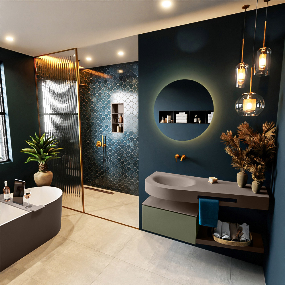 MONDIAZ RIVA 120cm mueble de baño / estante color Army con 1 cajón. Lavabo DULCET Izquierda sin orificio, color Smoke. 1 MONDIAZ RIVA 120cm mueble de baño / estante color Army con 1 cajón. Lavabo DULCET Izquierda sin orificio