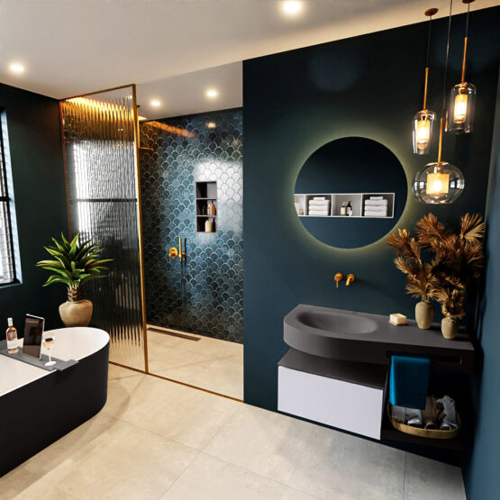 MONDIAZ RIVA 100cm mueble de baño / estante color Cale con 1 cajón. Lavabo DULCET Izquierda sin orificio