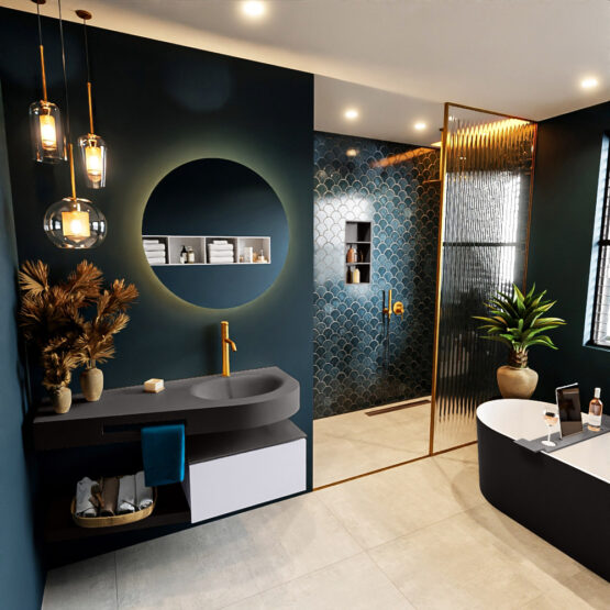 MONDIAZ RIVA 120cm mueble de baño / estante color Cale con 1 cajón. Lavabo DULCET Derecho 1 orificio