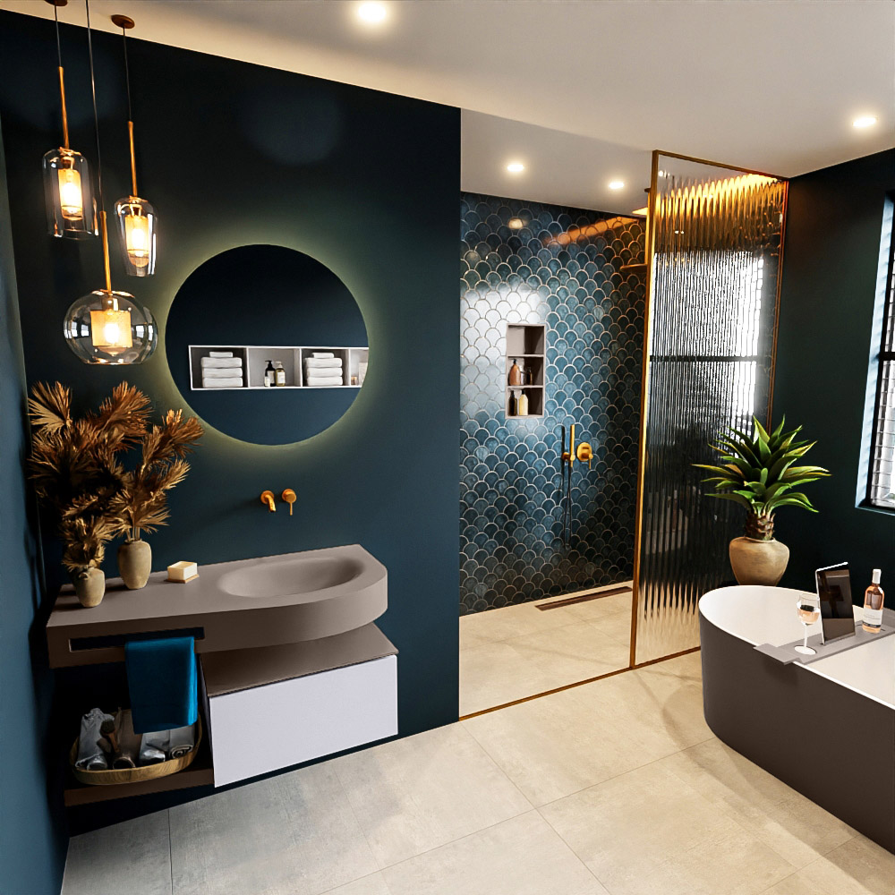 MONDIAZ RIVA 100cm mueble de baño / estante color Cale con 1 cajón. Lavabo DULCET Derecho sin orificio, color Smoke. 1 MONDIAZ RIVA 100cm mueble de baño / estante color Cale con 1 cajón. Lavabo DULCET Derecho sin orificio
