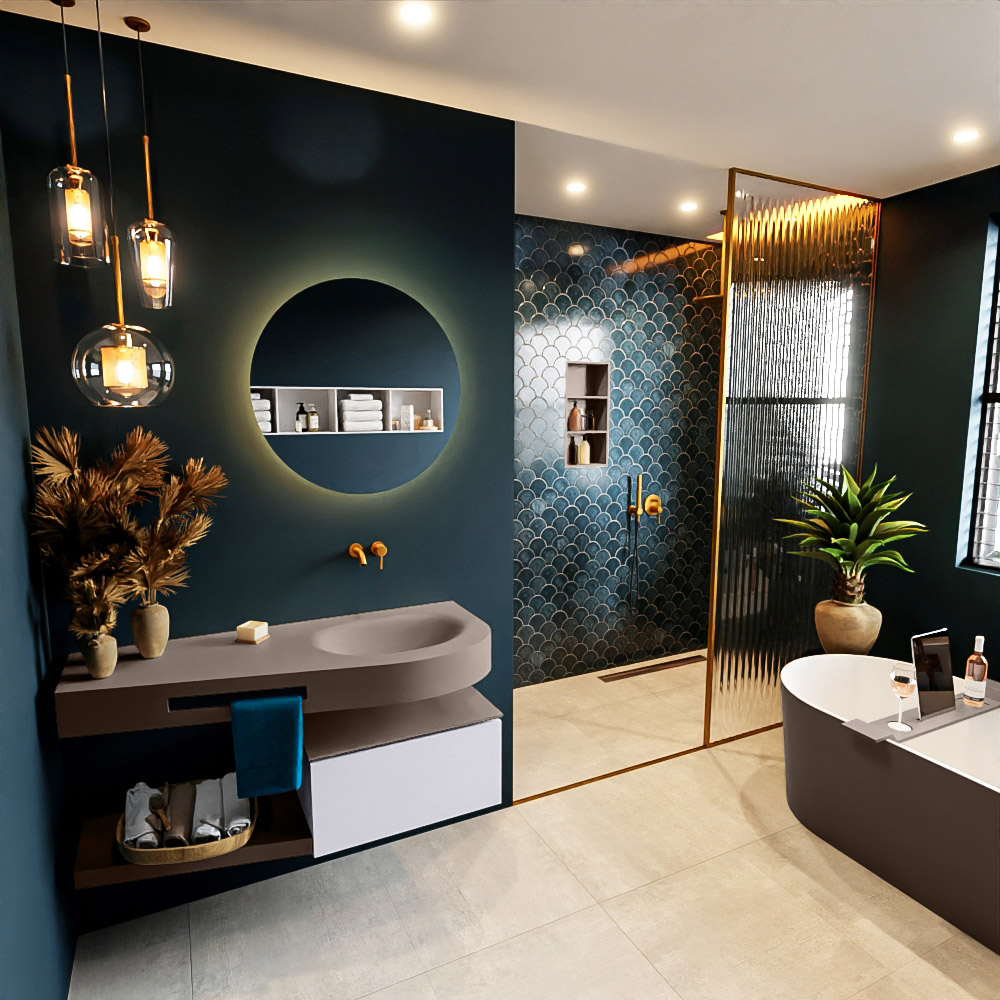 MONDIAZ RIVA 120cm mueble de baño / estante color Cale con 1 cajón. Lavabo DULCET Derecho sin orificio, color Smoke. 1 MONDIAZ RIVA 120cm mueble de baño / estante color Cale con 1 cajón. Lavabo DULCET Derecho sin orificio