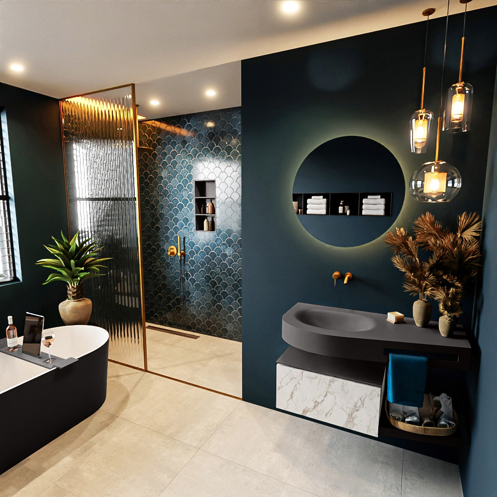 MONDIAZ RIVA 100cm mueble de baño / estante color Carrara con 1 cajón. Lavabo DULCET Izquierda sin orificio, color Dark Grey. 1 MONDIAZ RIVA 100cm mueble de baño / estante color Carrara con 1 cajón. Lavabo DULCET Izquierda sin orificio