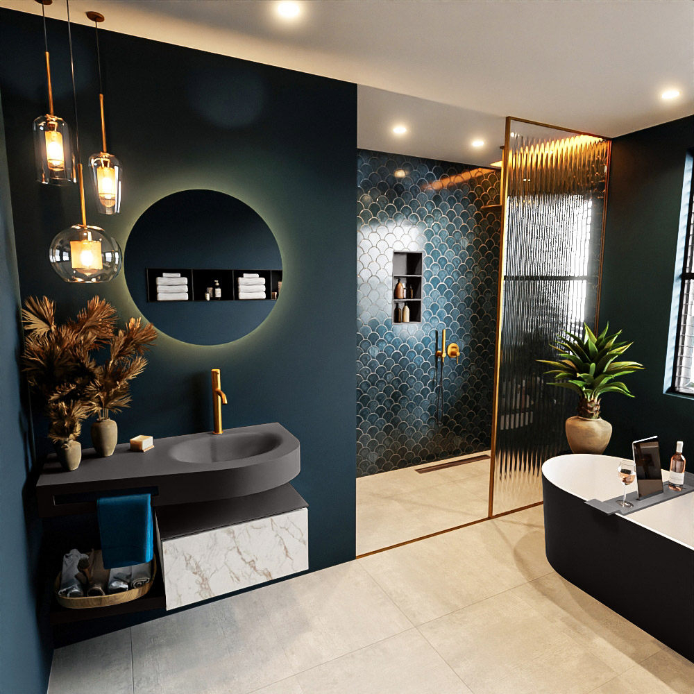 MONDIAZ RIVA 100cm mueble de baño / estante color Carrara con 1 cajón. Lavabo DULCET Derecho 1 orificio, color Dark Grey. 1 MONDIAZ RIVA 100cm mueble de baño / estante color Carrara con 1 cajón. Lavabo DULCET Derecho 1 orificio