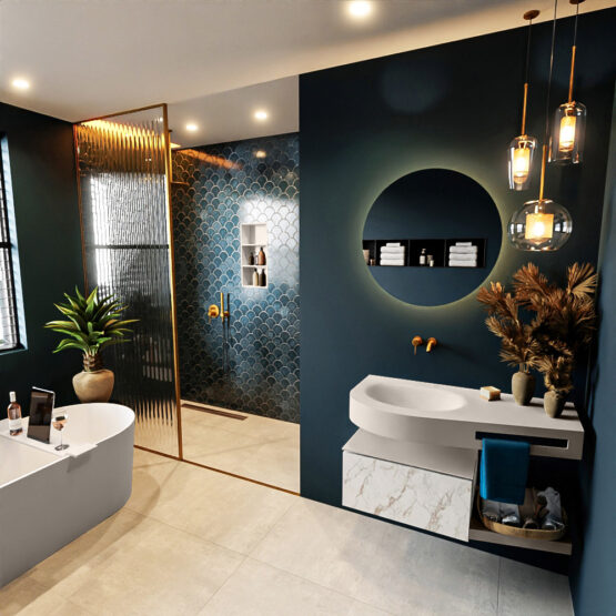 MONDIAZ RIVA 100cm mueble de baño / estante color Carrara con 1 cajón. Lavabo DULCET Izquierda sin orificio