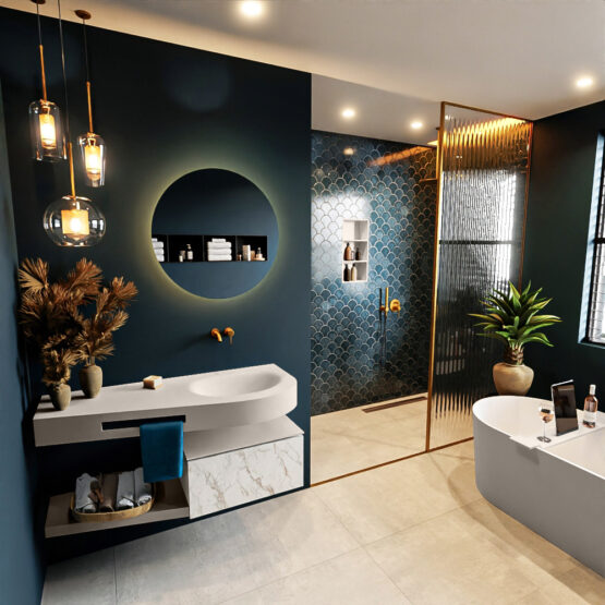 MONDIAZ RIVA 120cm mueble de baño / estante color Carrara con 1 cajón. Lavabo DULCET Derecho sin orificio