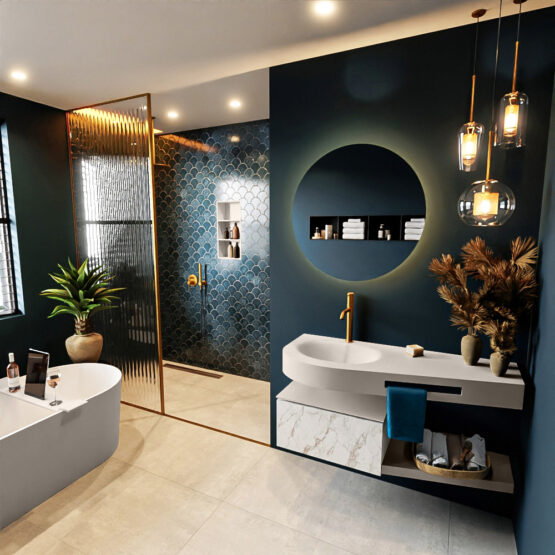 MONDIAZ RIVA 120cm mueble de baño / estante color Carrara con 1 cajón. Lavabo DULCET Izquierda 1 orificio