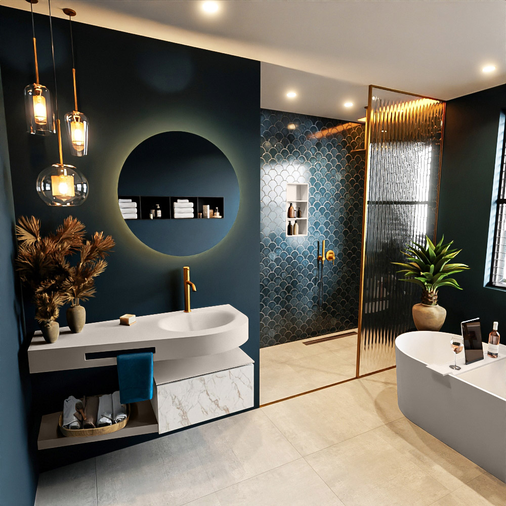 MONDIAZ RIVA 120cm mueble de baño / estante color Carrara con 1 cajón. Lavabo DULCET Derecho 1 orificio, color Linen. 1 MONDIAZ RIVA 120cm mueble de baño / estante color Carrara con 1 cajón. Lavabo DULCET Derecho 1 orificio