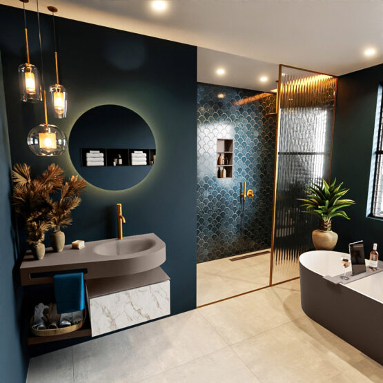 MONDIAZ RIVA 100cm mueble de baño / estante color Carrara con 1 cajón. Lavabo DULCET Derecho 1 orificio