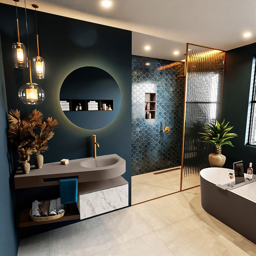 MONDIAZ RIVA 120cm mueble de baño / estante color Carrara con 1 cajón. Lavabo DULCET Derecho 1 orificio, color Smoke. 1 MONDIAZ RIVA 120cm mueble de baño / estante color Carrara con 1 cajón. Lavabo DULCET Derecho 1 orificio