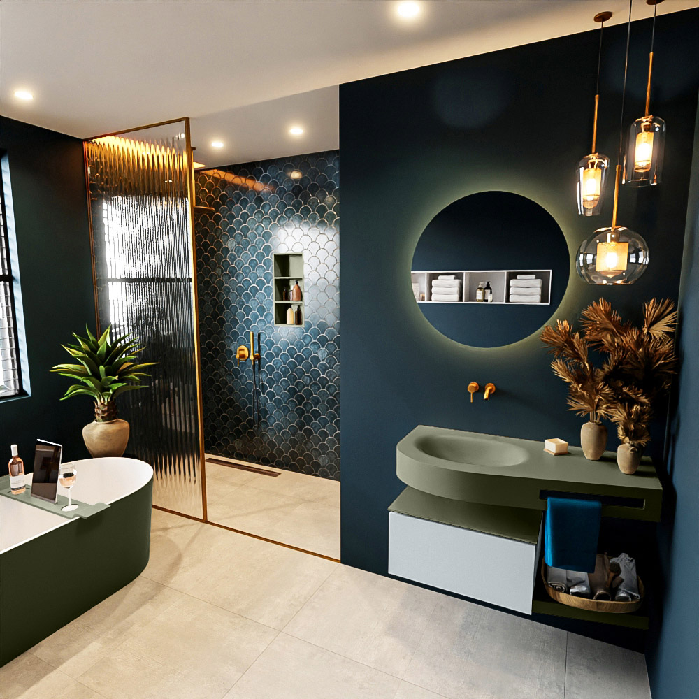 MONDIAZ RIVA 100cm mueble de baño / estante color Clay con 1 cajón. Lavabo DULCET Izquierda sin orificio, color Army. 1 MONDIAZ RIVA 100cm mueble de baño / estante color Clay con 1 cajón. Lavabo DULCET Izquierda sin orificio