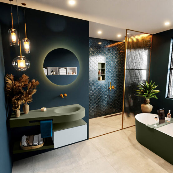 MONDIAZ RIVA 120cm mueble de baño / estante color Clay con 1 cajón. Lavabo DULCET Derecho sin orificio