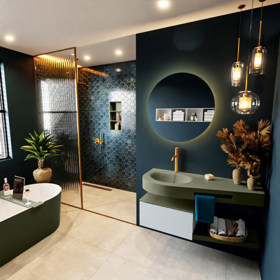 MONDIAZ RIVA 120cm mueble de baño / estante color Clay con 1 cajón. Lavabo DULCET Izquierda 1 orificio