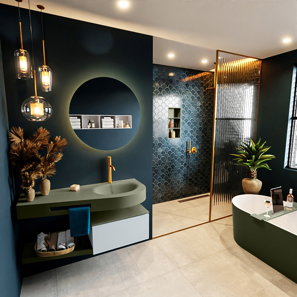 MONDIAZ RIVA 120cm mueble de baño / estante color Clay con 1 cajón. Lavabo DULCET Derecho 1 orificio, color Army. 1 MONDIAZ RIVA 120cm mueble de baño / estante color Clay con 1 cajón. Lavabo DULCET Derecho 1 orificio