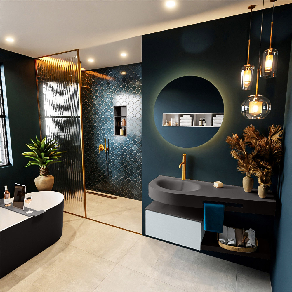 MONDIAZ RIVA 120cm mueble de baño / estante color Clay con 1 cajón. Lavabo DULCET Izquierda 1 orificio, color Dark Grey. 1 MONDIAZ RIVA 120cm mueble de baño / estante color Clay con 1 cajón. Lavabo DULCET Izquierda 1 orificio