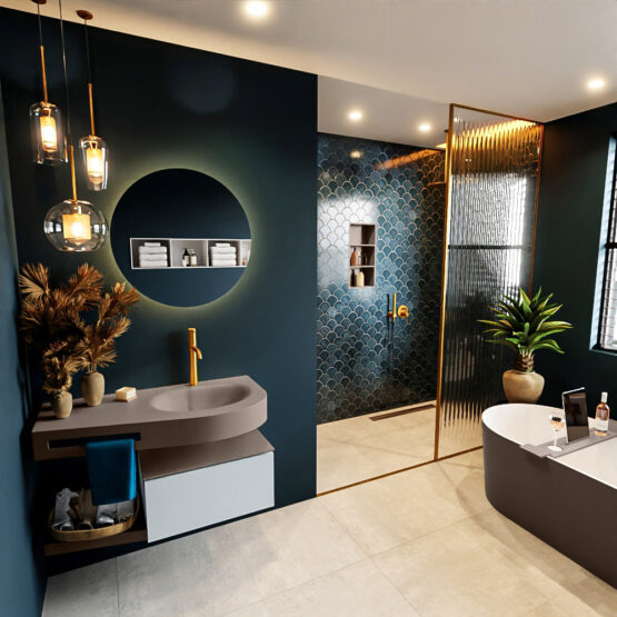 MONDIAZ RIVA 100cm mueble de baño / estante color Clay con 1 cajón. Lavabo DULCET Derecho 1 orificio