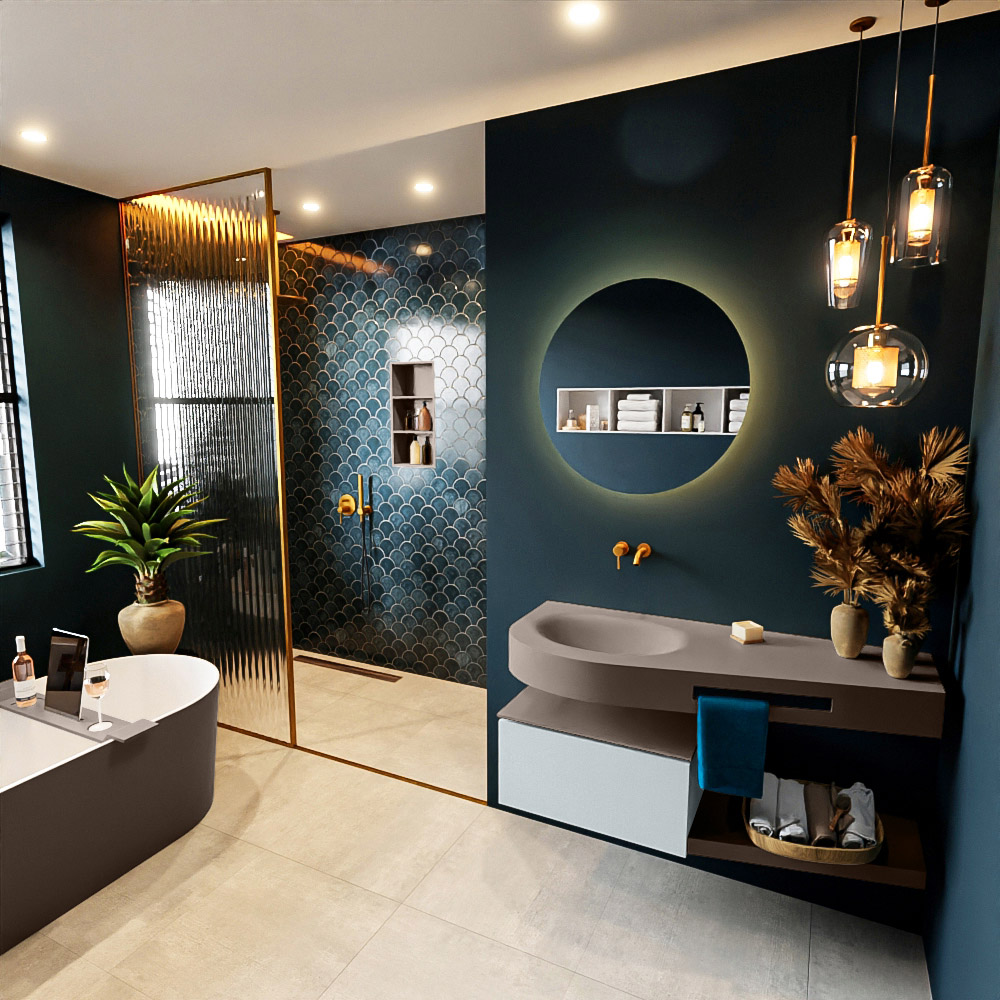 MONDIAZ RIVA 120cm mueble de baño / estante color Clay con 1 cajón. Lavabo DULCET Izquierda sin orificio, color Smoke. 1 MONDIAZ RIVA 120cm mueble de baño / estante color Clay con 1 cajón. Lavabo DULCET Izquierda sin orificio