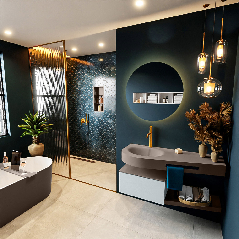 MONDIAZ RIVA 120cm mueble de baño / estante color Clay con 1 cajón. Lavabo DULCET Izquierda 1 orificio, color Smoke. 1 MONDIAZ RIVA 120cm mueble de baño / estante color Clay con 1 cajón. Lavabo DULCET Izquierda 1 orificio