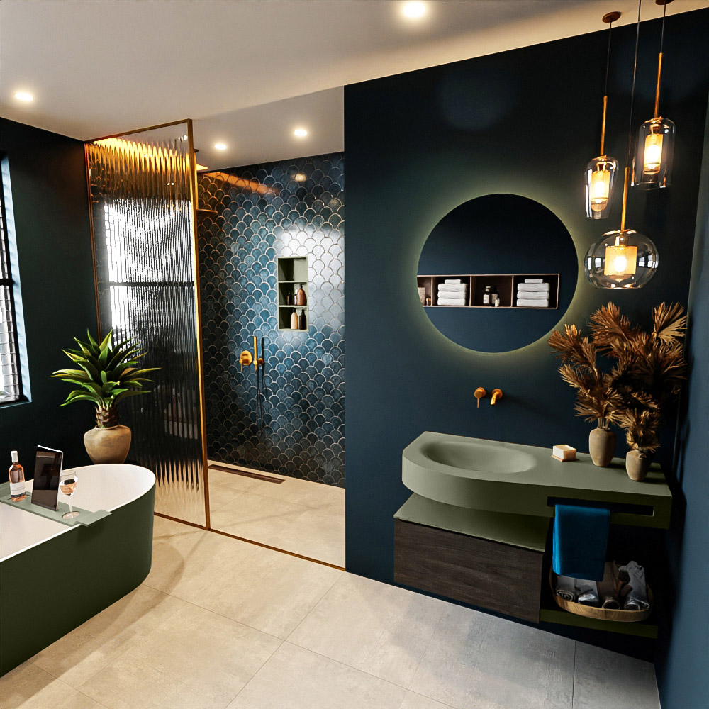 MONDIAZ RIVA 100cm mueble de baño / estante color Dark Brown con 1 cajón. Lavabo DULCET Izquierda sin orificio, color Army. 1 MONDIAZ RIVA 100cm mueble de baño / estante color Dark Brown con 1 cajón. Lavabo DULCET Izquierda sin orificio