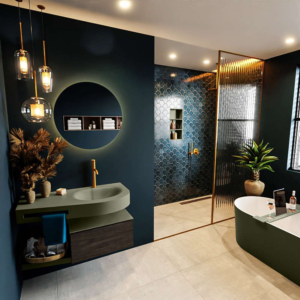 MONDIAZ RIVA 100cm mueble de baño / estante color Dark Brown con 1 cajón. Lavabo DULCET Derecho 1 orificio, color Army. 1 MONDIAZ RIVA 100cm mueble de baño / estante color Dark Brown con 1 cajón. Lavabo DULCET Derecho 1 orificio