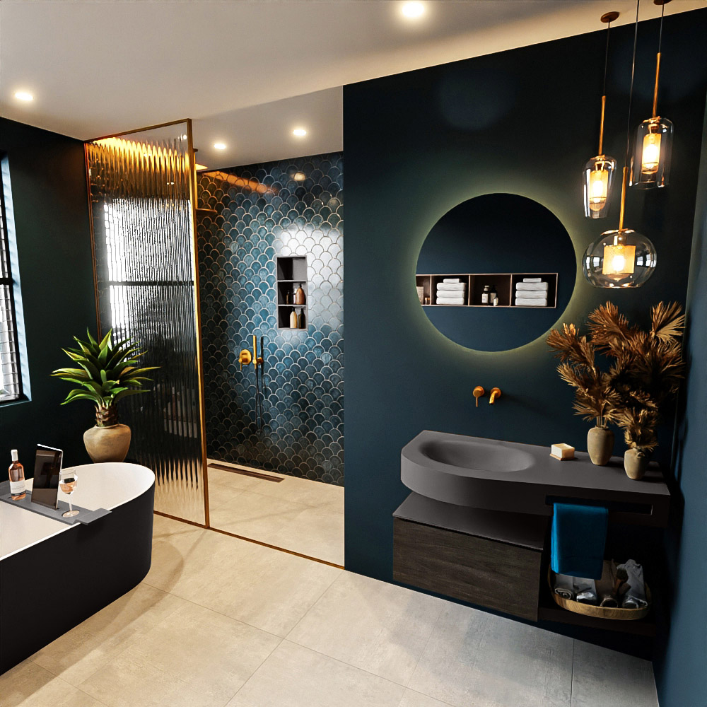 MONDIAZ RIVA 100cm mueble de baño / estante color Dark Brown con 1 cajón. Lavabo DULCET Izquierda sin orificio