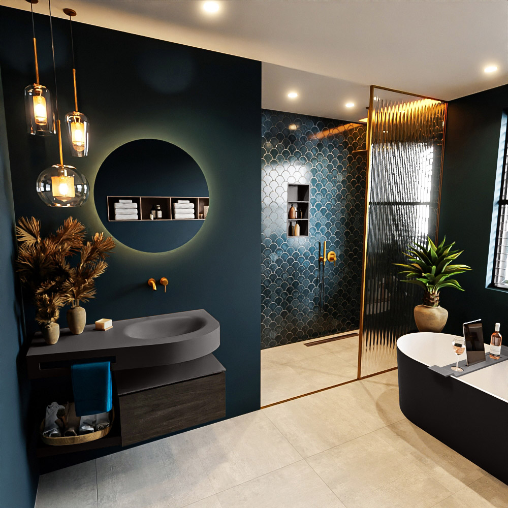 MONDIAZ RIVA 100cm mueble de baño / estante color Dark Brown con 1 cajón. Lavabo DULCET Derecho sin orificio