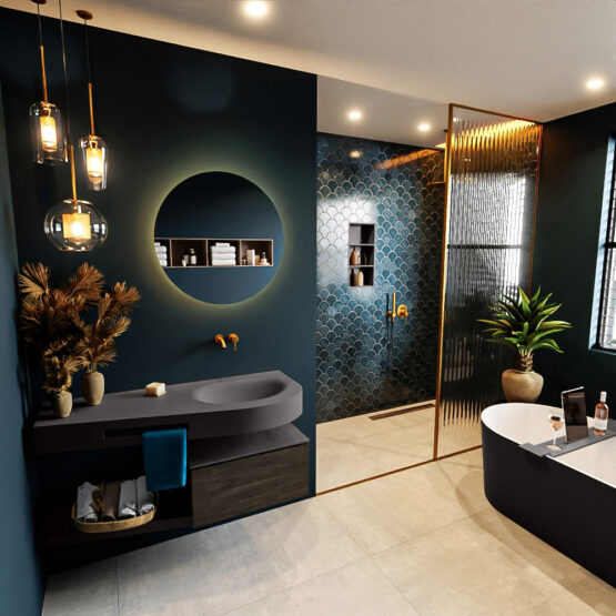 MONDIAZ RIVA 120cm mueble de baño / estante color Dark Brown con 1 cajón. Lavabo DULCET Derecho sin orificio