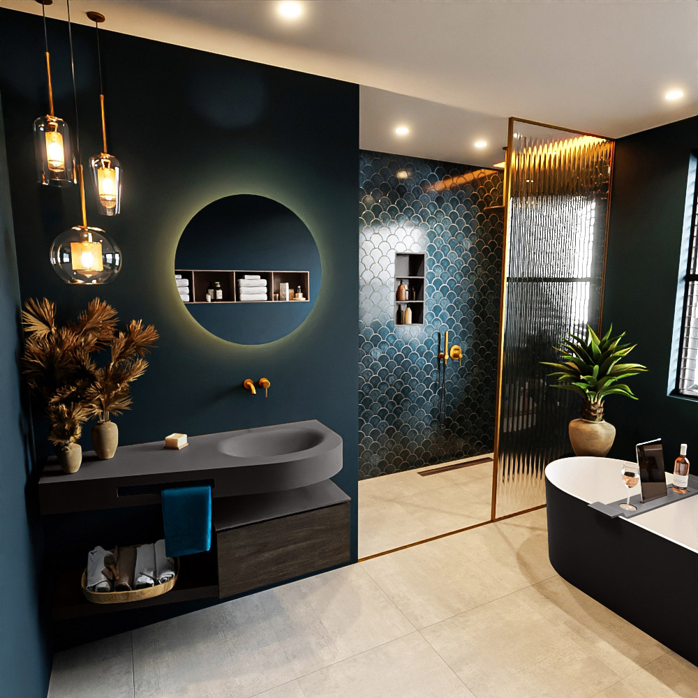 MONDIAZ RIVA 120cm mueble de baño / estante color Dark Brown con 1 cajón. Lavabo DULCET Derecho sin orificio, color Dark Grey. 1 MONDIAZ RIVA 120cm mueble de baño / estante color Dark Brown con 1 cajón. Lavabo DULCET Derecho sin orificio