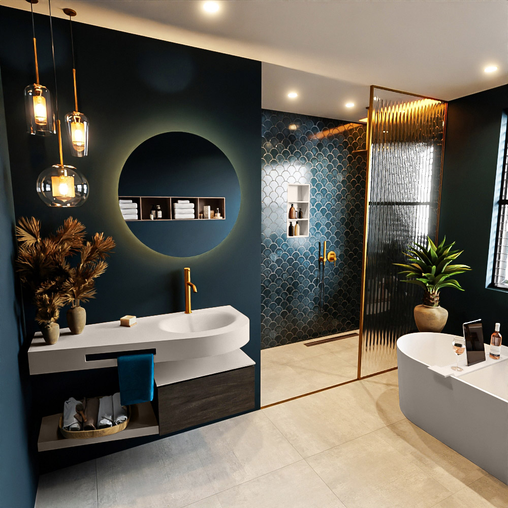 MONDIAZ RIVA 120cm mueble de baño / estante color Dark Brown con 1 cajón. Lavabo DULCET Derecho 1 orificio, color Linen. 1 MONDIAZ RIVA 120cm mueble de baño / estante color Dark Brown con 1 cajón. Lavabo DULCET Derecho 1 orificio