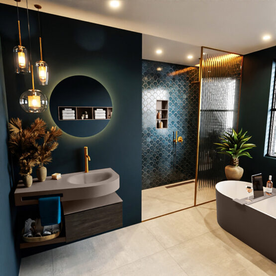 MONDIAZ RIVA 100cm mueble de baño / estante color Dark Brown con 1 cajón. Lavabo DULCET Derecho 1 orificio