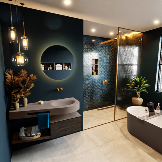 MONDIAZ RIVA 120cm mueble de baño / estante color Dark Brown con 1 cajón. Lavabo DULCET Derecho sin orificio