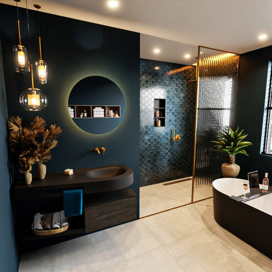 MONDIAZ RIVA 120cm mueble de baño / estante color Dark Brown con 1 cajón. Lavabo DULCET Derecho sin orificio