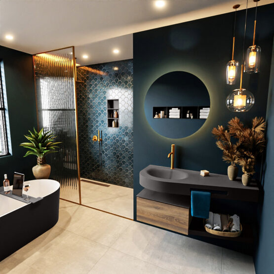 MONDIAZ RIVA 120cm mueble de baño / estante color Dark Brown Grey con 1 cajón. Lavabo DULCET Izquierda 1 orificio
