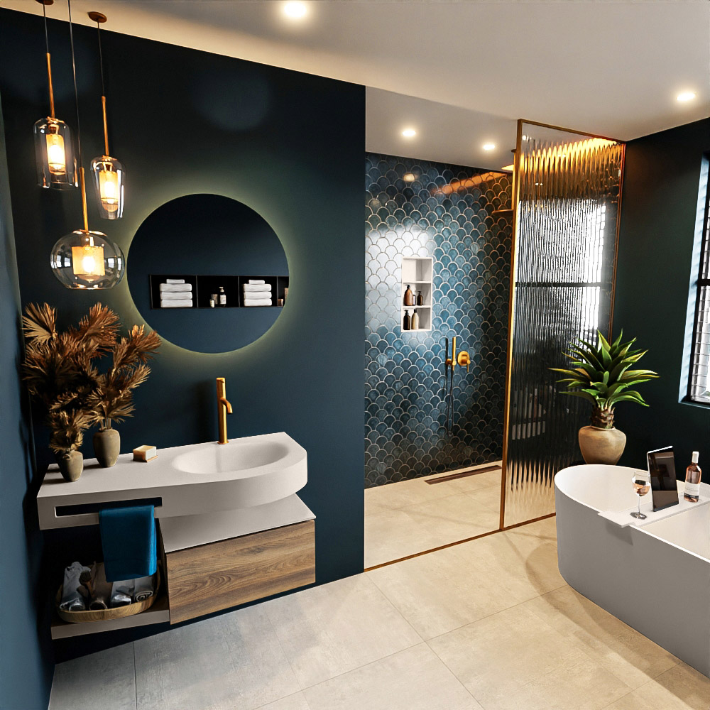 MONDIAZ RIVA 100cm mueble de baño / estante color Dark Brown Grey con 1 cajón. Lavabo DULCET Derecho 1 orificio