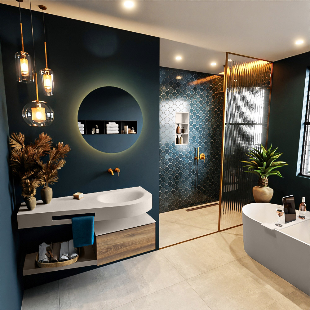 MONDIAZ RIVA 120cm mueble de baño / estante color Dark Brown Grey con 1 cajón. Lavabo DULCET Derecho sin orificio